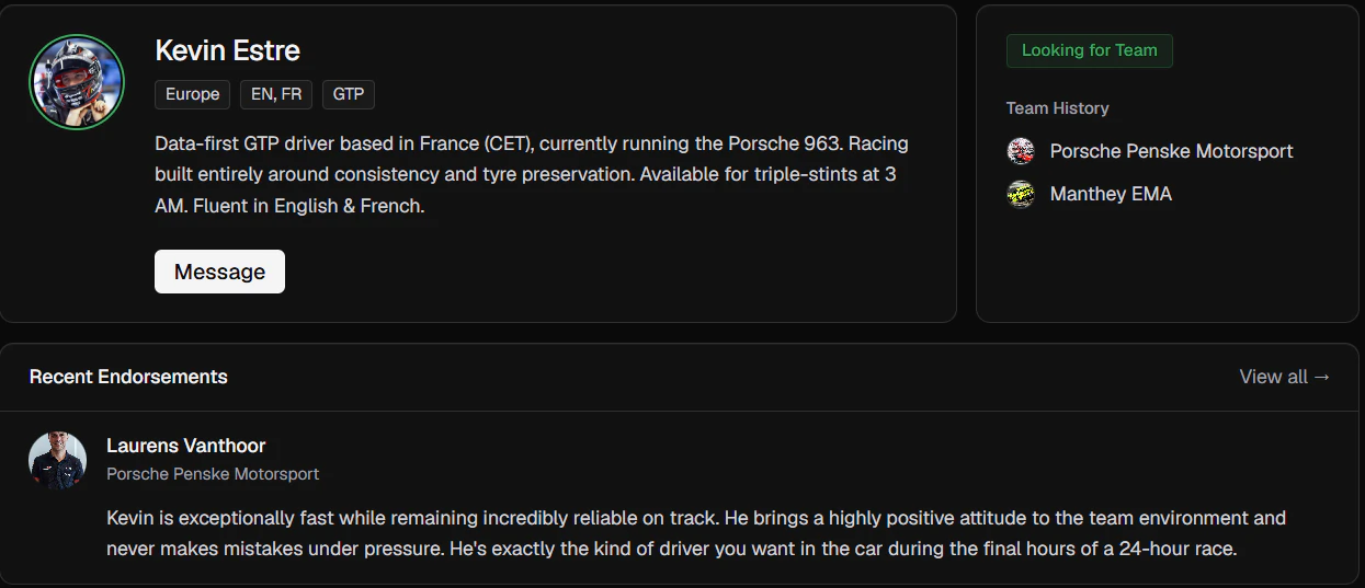 Driver profile page showing the identity to performance to discovery information architecture