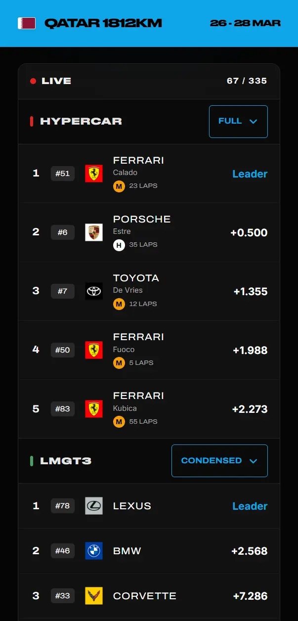 Mobile app home page during a race