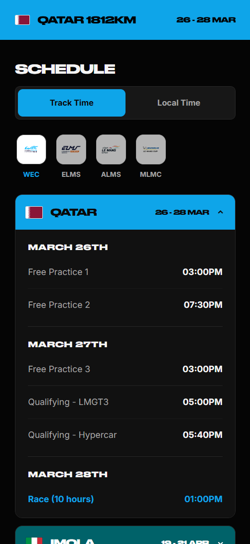 Mobile app schedule page