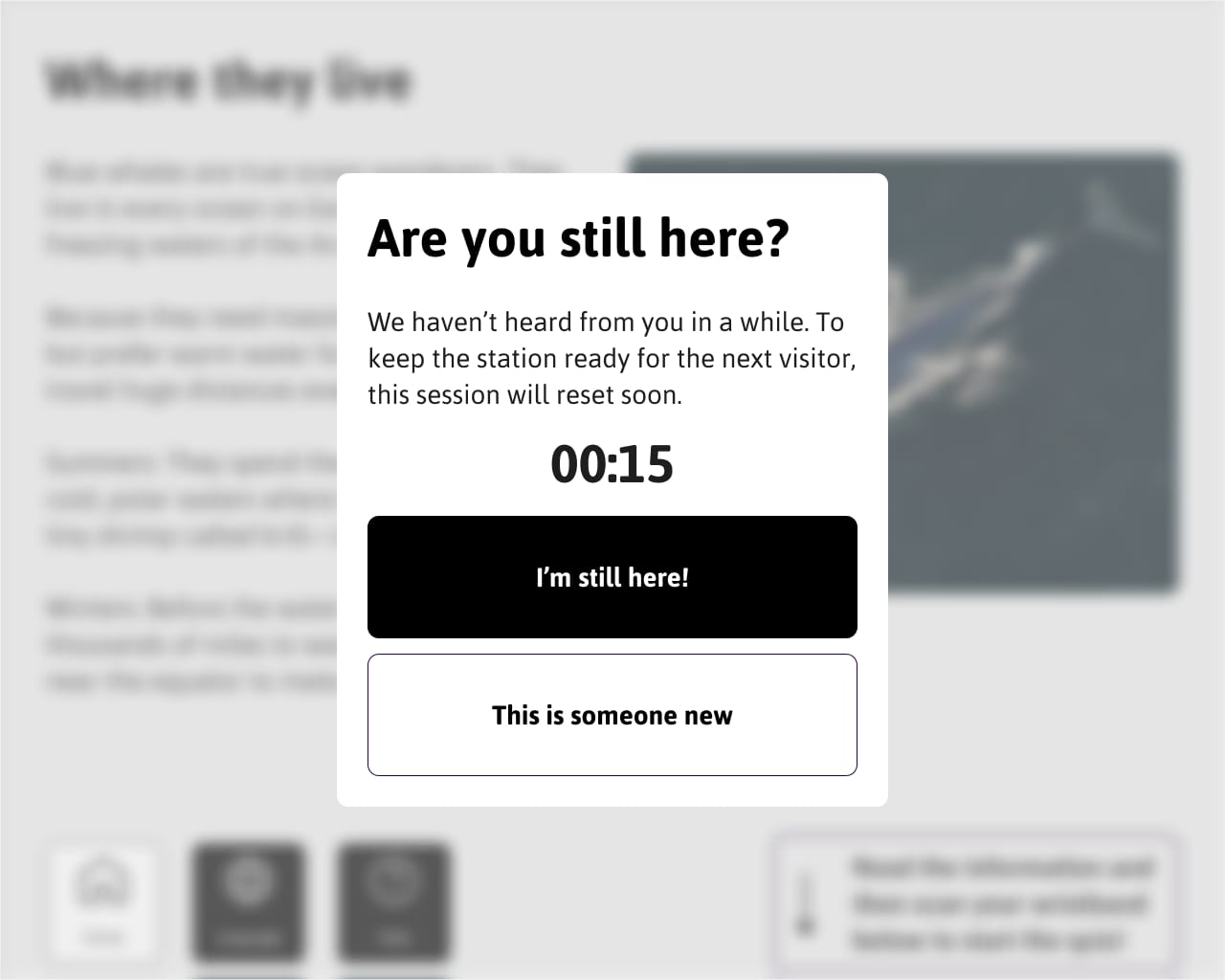 Inactivity timer screen prompting a session reset
