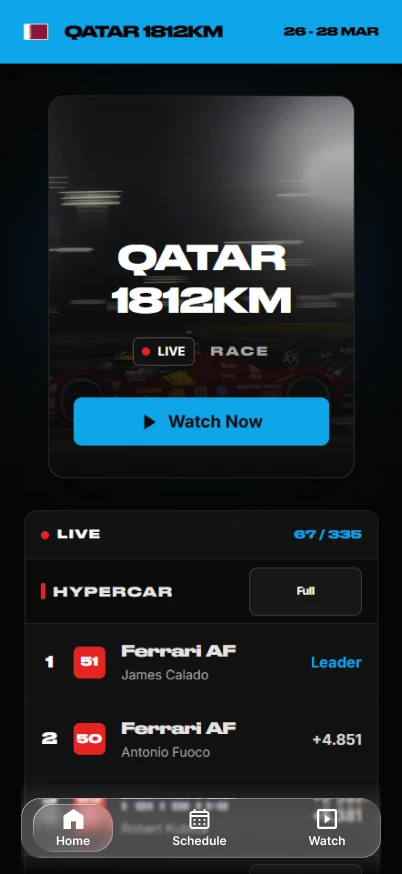 Mobile app home page during a race