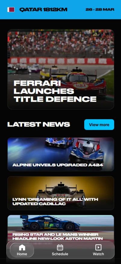 Mobile app home page pre-race