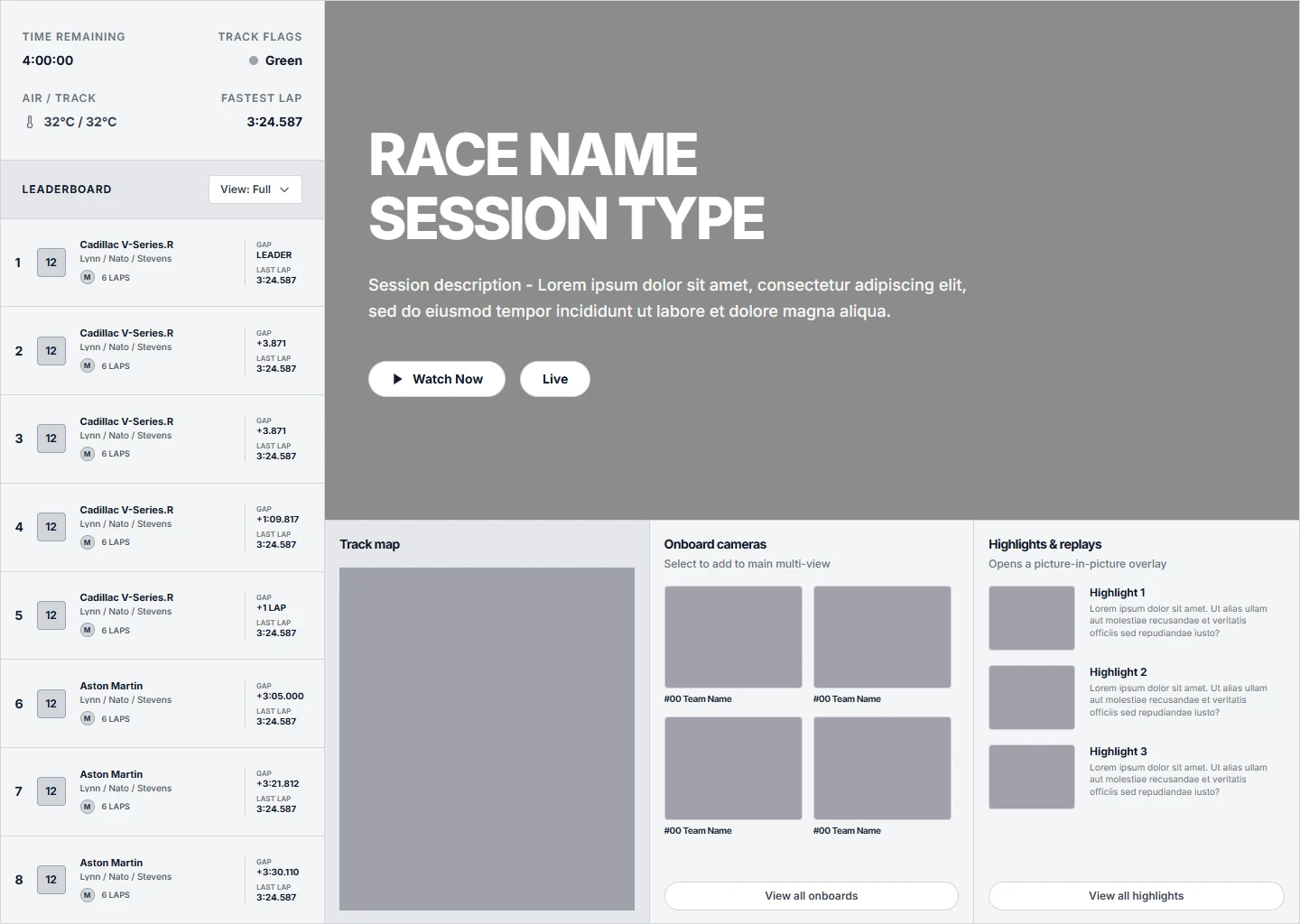 Low-fidelity wireframe explorations for the WEC timing sidebar