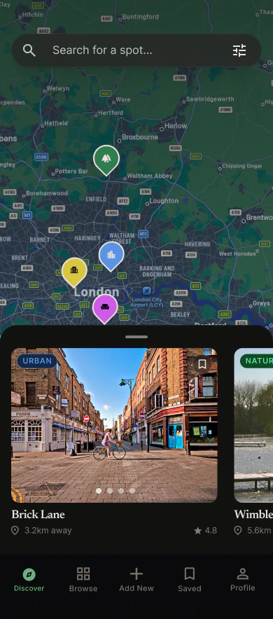 Discover screen showing full-bleed map with category-coloured pins and draggable card tray